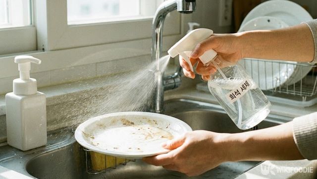 분무기에 담은 희석 세제를 그릇에 직접 분사하여 효율적으로 설거지하는 모습이다. / 위키푸디