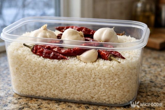 쌀벌레를 막기 위해 고추와 통마늘을 쌀통에 넣어둔 사진이다. / 위키푸디