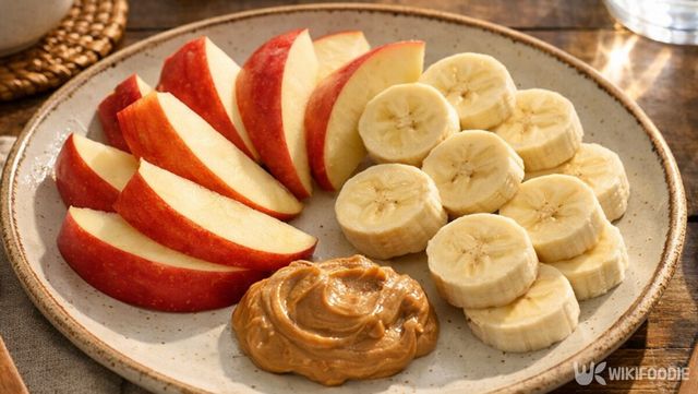 과일과 함께 먹는 땅콩버터는 간편한 한 끼 조합으로 좋다. / 위키푸디