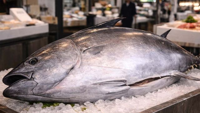 대형 참다랑어가 수산시장 판매대에 놓여 있다. / 위키푸디