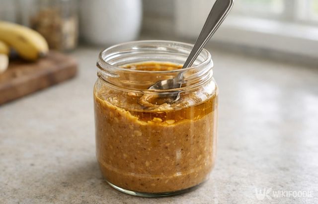 상온에 오래 둔 땅콩버터는 표면에 기름층이 쉽게 분리된다. / 위키푸디