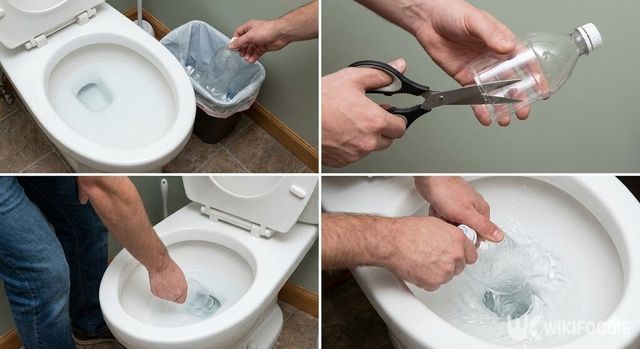 페트병으로 변기를 뚫는 4컷 설명. / 위키푸디