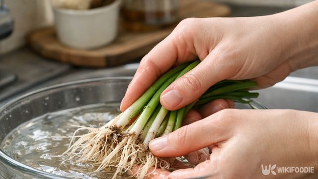 대파 뿌리를 물에 담가 흙을 불리고 씻는 과정이다. / 위키푸디