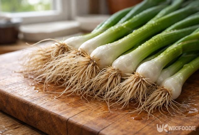 대파 뿌리가 도마 위에 놓여 있다. / 위키푸디