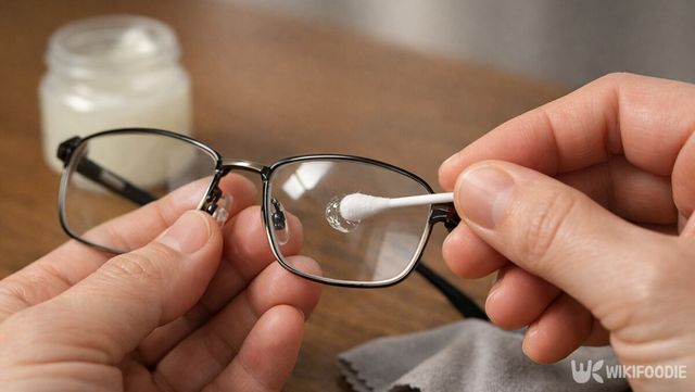 면봉에 소량의 바세린을 묻혀 안경 렌즈를 닦는 모습이다. / 위키푸디