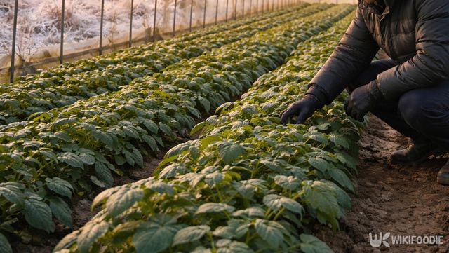한겨울 시설 하우스에서 감자 생육 상태를 살피는 농가. / 위키푸디