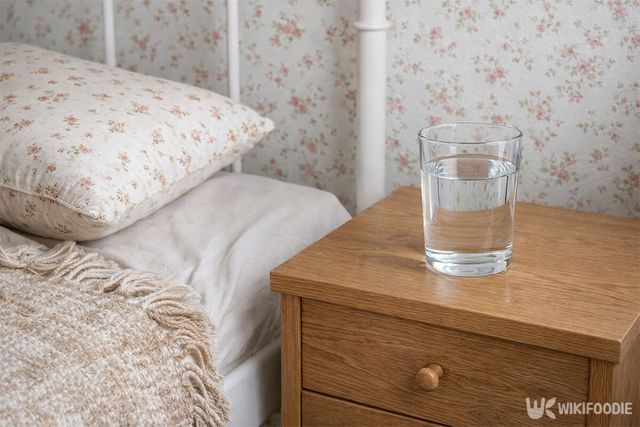 침대 옆 협탁에 물이 든 유리컵이 놓여 있다. / 위키푸디