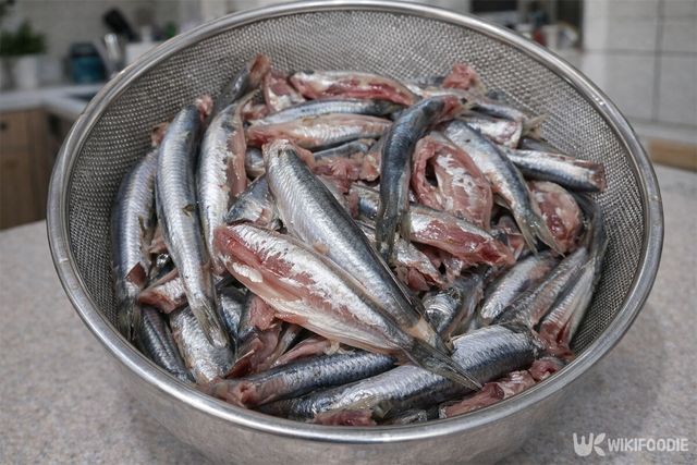 손질된 정어리가 채망에 담겨 있다. / 위키푸디