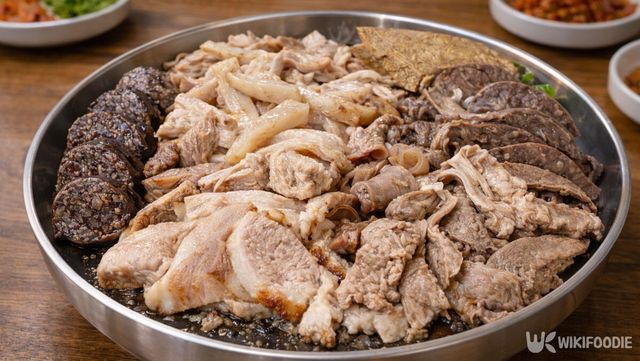 순대, 머릿고기, 내장이 담긴 모듬 수육이 접시에 담겨 있다. / 위키푸디