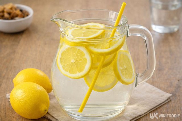 레몬 물이 담긴 컵에 빨대가 꽂혀 있다. / 위키푸디
