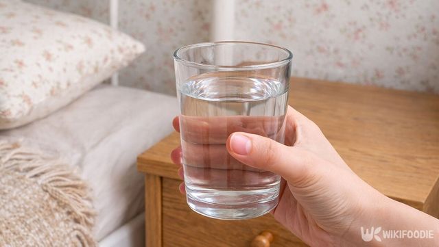 침대 앞에서 물이 담긴 유리컵을 들고 있다. / 위키푸디