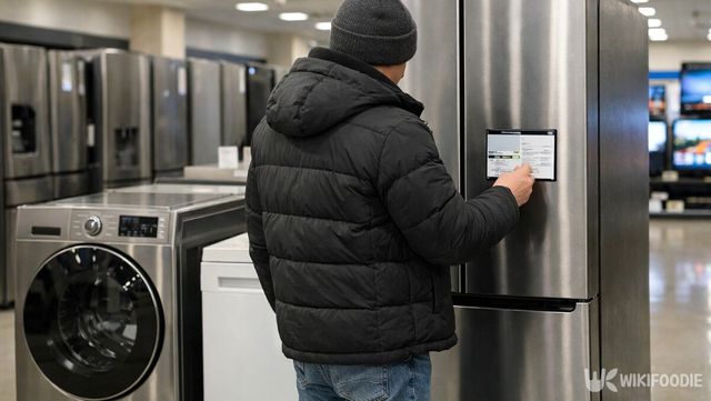 대형 가전 매장에서 에너지소비효율 1등급 가전제품을 살펴보는 소비자 모습이다. 해당 이미지는 기사 이해를 돕기 위해 AI로 재연하였습니다.&nbsp;/ 위키푸디