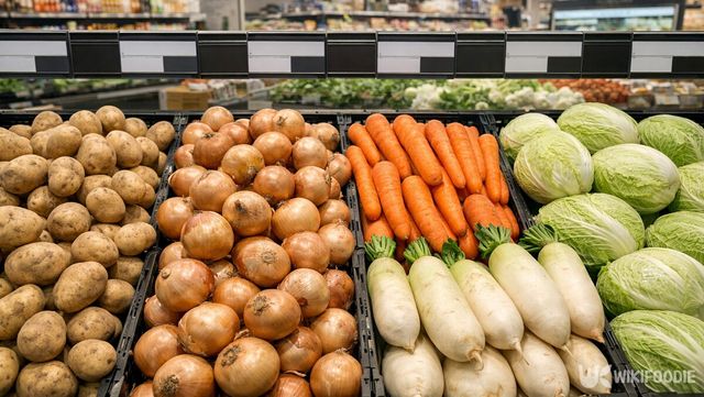 대형마트 채소 코너에 감자를 비롯한 주요 채소들이 진열돼 있다. / 위키푸디