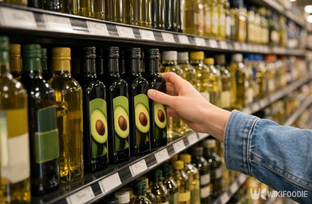 마트에서 정제 여부와 용기를 확인하며 아보카도 오일을 고르는 모습. / 위키푸디