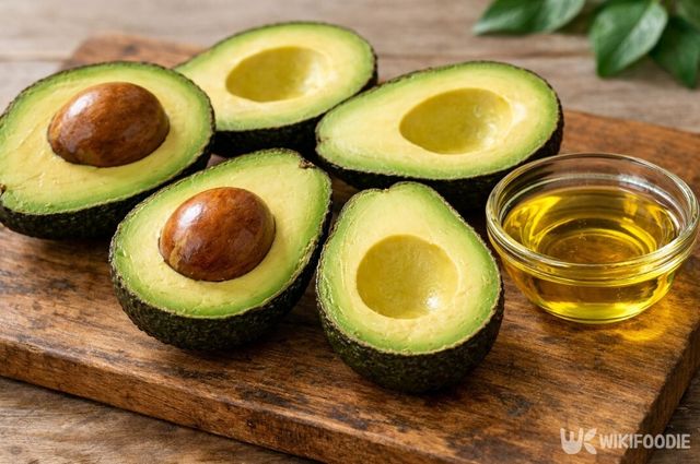 아보카도 과육에서 추출한 오일과 원재료 모습. / 위키푸디