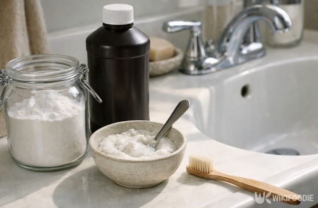 베이킹소다와 과산화수소를 섞어 세면대 가장자리를 관리할 수 있다. / 위키푸디