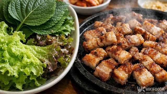 차가운 생상추와 깻잎이 곁들여진 상차림이다. / 위키푸디