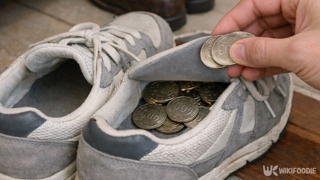 현관에 놓인 운동화 깔창 아래로, 손에 든 동전을 넣는 모습이다. / 위키푸디