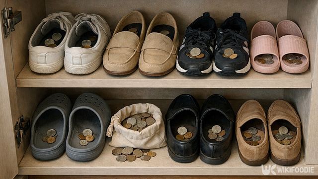 신발장 안 선반마다 여러 켤레의 신발이 정돈돼 있고, 각 신발 안에는 동전이 몇 개씩 놓여 있다. / 위키푸디
