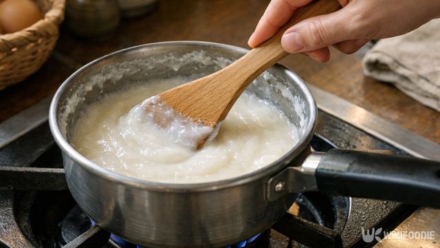 주방에서 모찌리도후를 만드는 과정이다. / 위키푸디