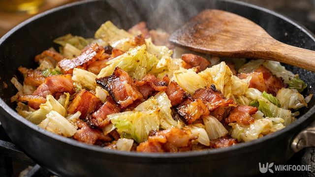 베이컨과 양배추를 함께 팬에 구워낸 조리 장면. / 위키푸디