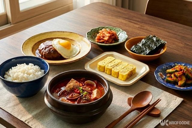 매콤한 순두부찌개와 여러 가지 반찬으로 차린 아침 밥상이다. / 위키푸디