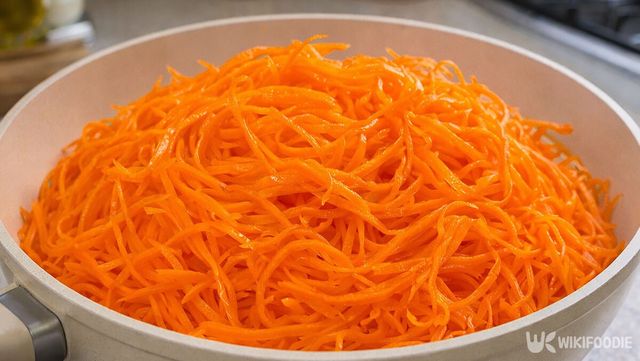 채 썬 당근이 프라이팬에 수북히 담겨 있다. / 위키푸디