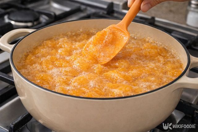 냄비에 설탕과 귤을 넣고 끓이고 있다. / 위키푸디