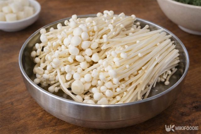 접시에 팽이버섯이 한가득 들어 있다. / 위키푸디