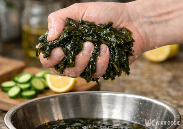 간장 물에 불린 미역을 헹구지 않고 물기만 짜는 과정이다. / 위키푸디