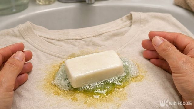 시간 지난 기름 얼룩에 세제와 비누를 겹쳐 사용하는 방법이다. / 위키푸디