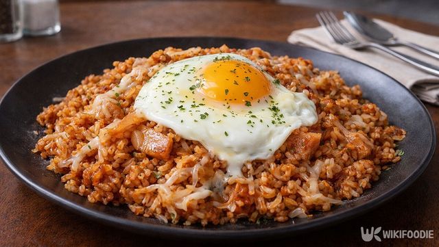 김치 목살 필래프가 접시에 담겨 있다. / 위키푸디