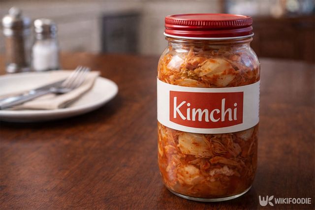 영어로 kimchi가 쓰여진 김치통이 놓여 있다. / 위키푸디