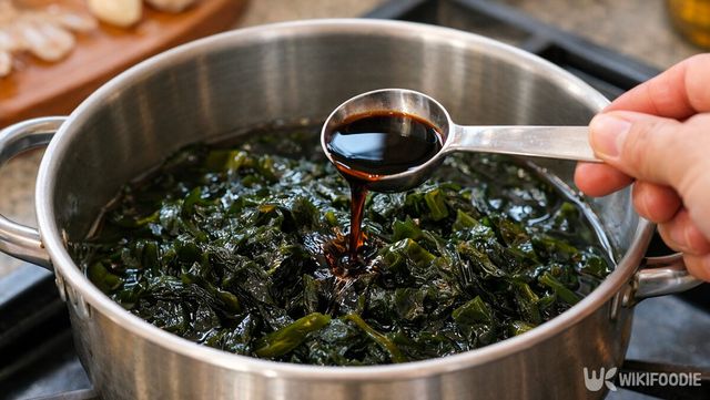 냄비에 담긴 불린 미역에 간장을 넣고 있다. / 위키푸디