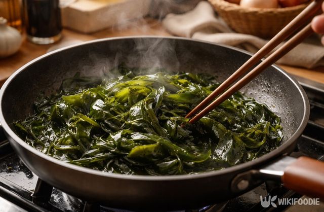 불린 미역을 먼저 볶아 향을 정리하는 단계다. / 위키푸디