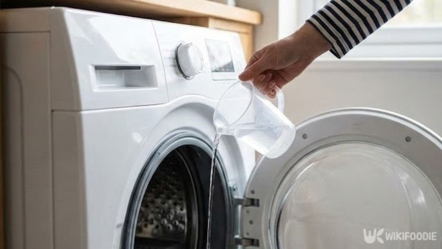 드럼세탁기 문을 연 상태에서 세탁조 안으로 물을 붓고 있다. / 위키푸디