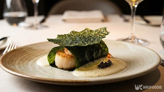 감태를 얇게 올려 해산물 위에 덮은 파인 다이닝 요리 모습이다. / 위키푸디&nbsp;