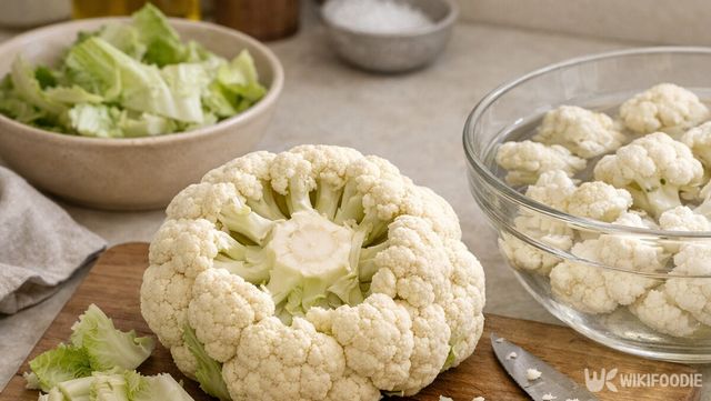 겉잎과 밑동을 제거한 뒤 물에 담가 손질하는 콜리플라워 모습이다. / 위키푸디