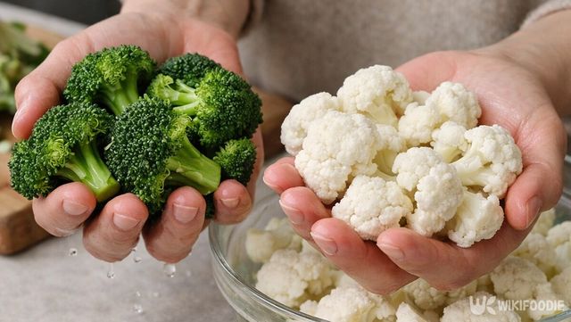 조리 전 상태의 브로콜리와 콜리플라워를 한 공간에서 손으로 들어 비교하고 있다. / 위키푸디