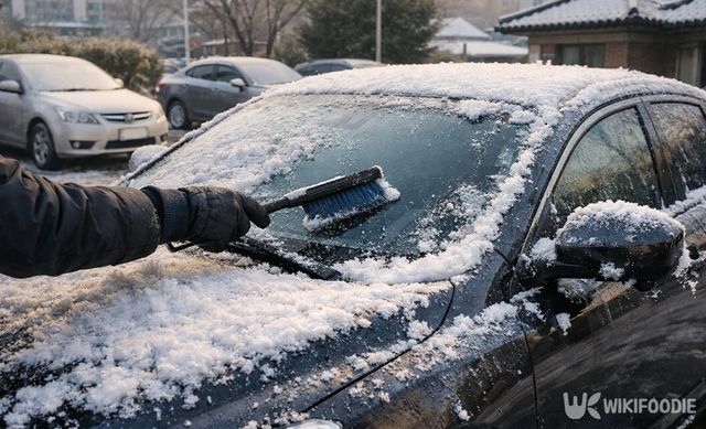 주차된 차량의 앞 유리와 사이드미러에 쌓인 눈을 장갑 낀 손으로 털어내는 모습이다. / 위키푸디