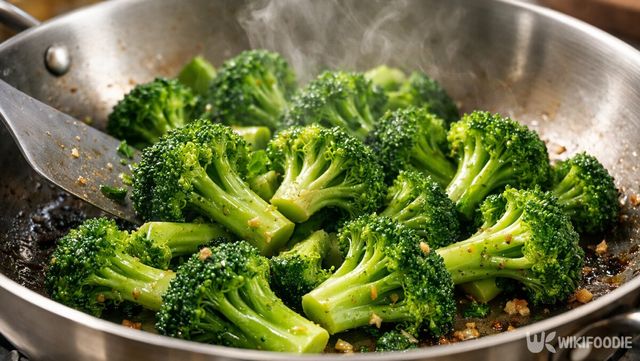 꽃봉오리 식감이 살아 있는 브로콜리 조리 장면이다. / 위키푸디