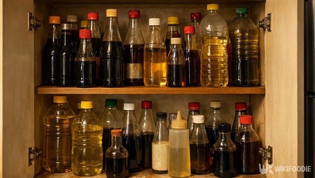 주방 수납장 안에 각종 식용유와 조미료 병이 가득 정리돼 있는 모습이다. / 위키푸디