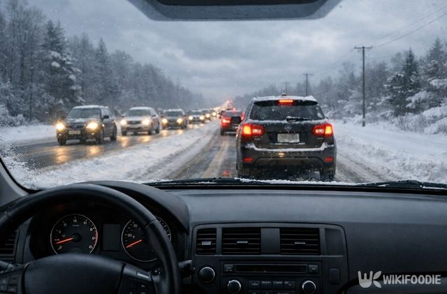 앞차의 불빛을 따라 조심스럽게 이어지는 겨울철 출근길이다. / 위키푸디