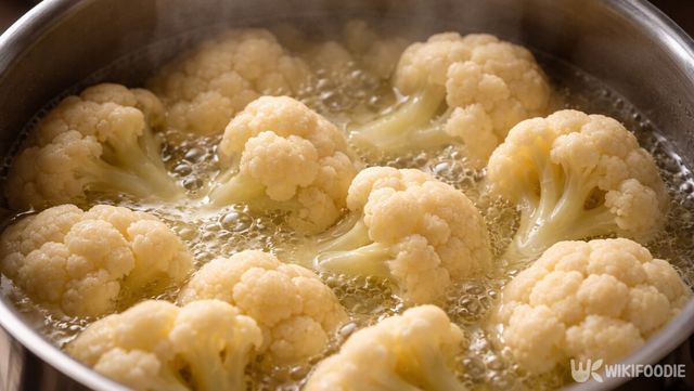 천천히 끓이며 조직이 부드러워지는 콜리플라워 조리 과정이다. / 위키푸디