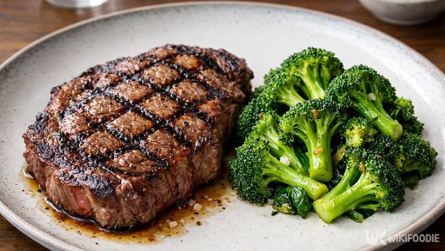 고기 요리 옆에서 곁들임으로 쓰인 브로콜리 한 접시이다. / 위키푸디