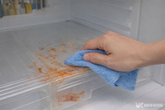 베이킹소다가 섞인 물을 적힌 수건으로 냉장고 내부를 닦고 있다. / 위키푸디