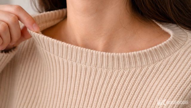 니트를 입은 상태에서 목둘레가 늘어나 헐거워진 모습을 보여주는 장면이다. / 위키푸디