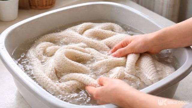 미지근한 물에 린스를 풀어 니트를 담가 전체 형태를 정리하는 장면이다. / 위키푸디