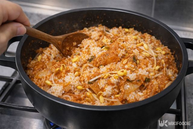떡과 김치, 밥, 콩나물을 넣고 볶고 있다. / 위키푸디