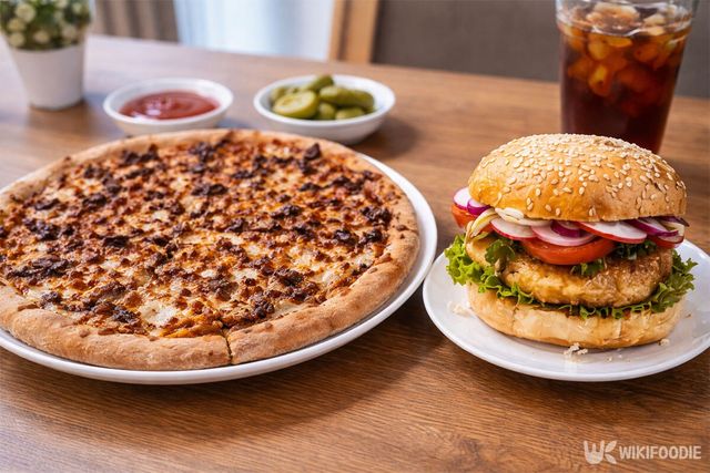 피자와 햄버거가 테이블에 놓여 있다. / 위키푸디